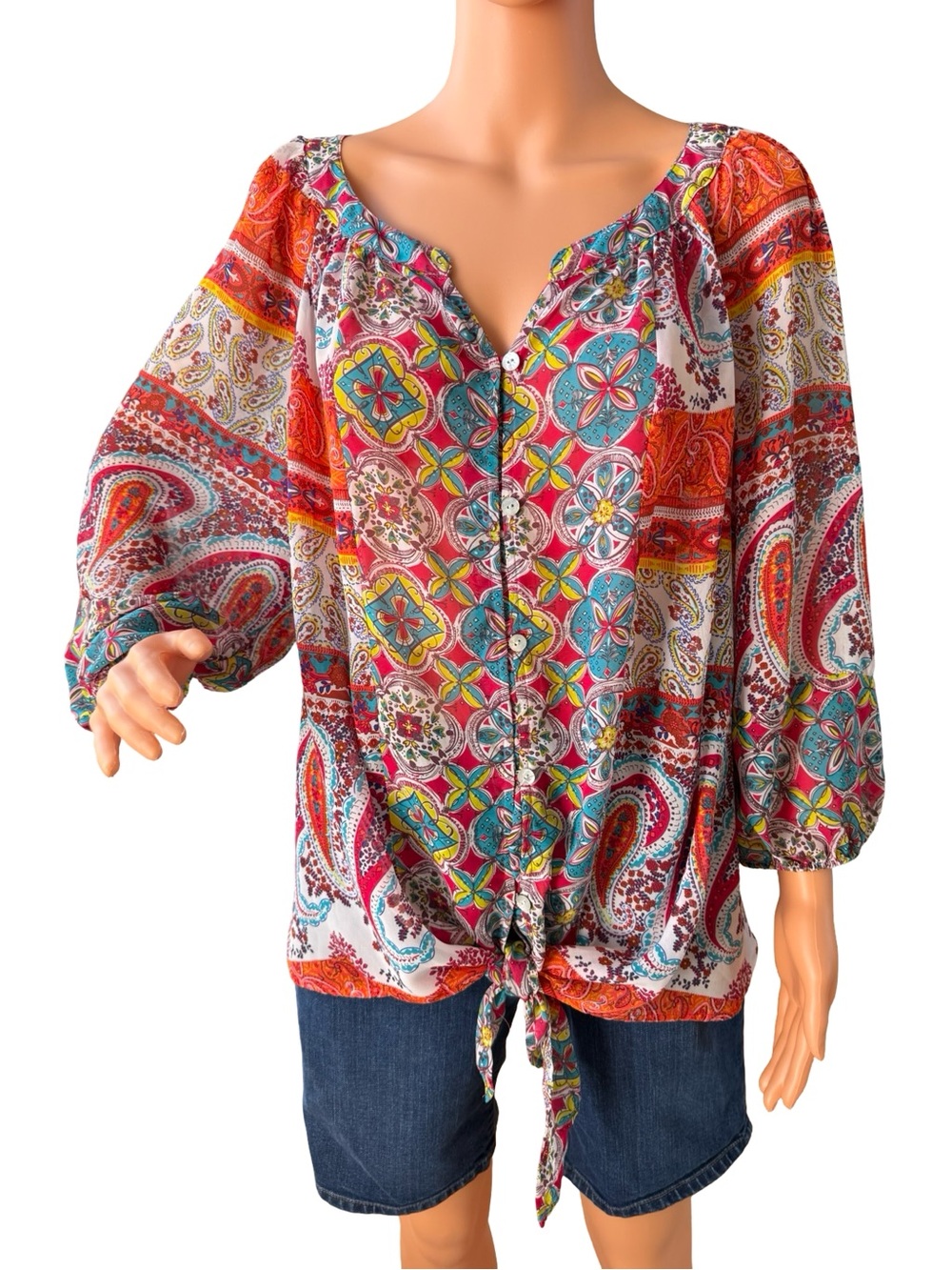 Source Unknown Multicolor Paisley Tie-Hem Button Blouse